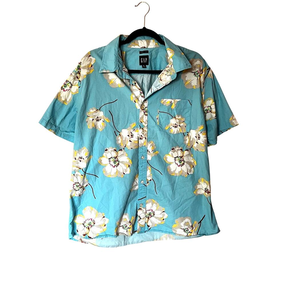 Gap Floral Hawaiian Cotton Poplin Short Sleeve Button Down Blue SZ XL